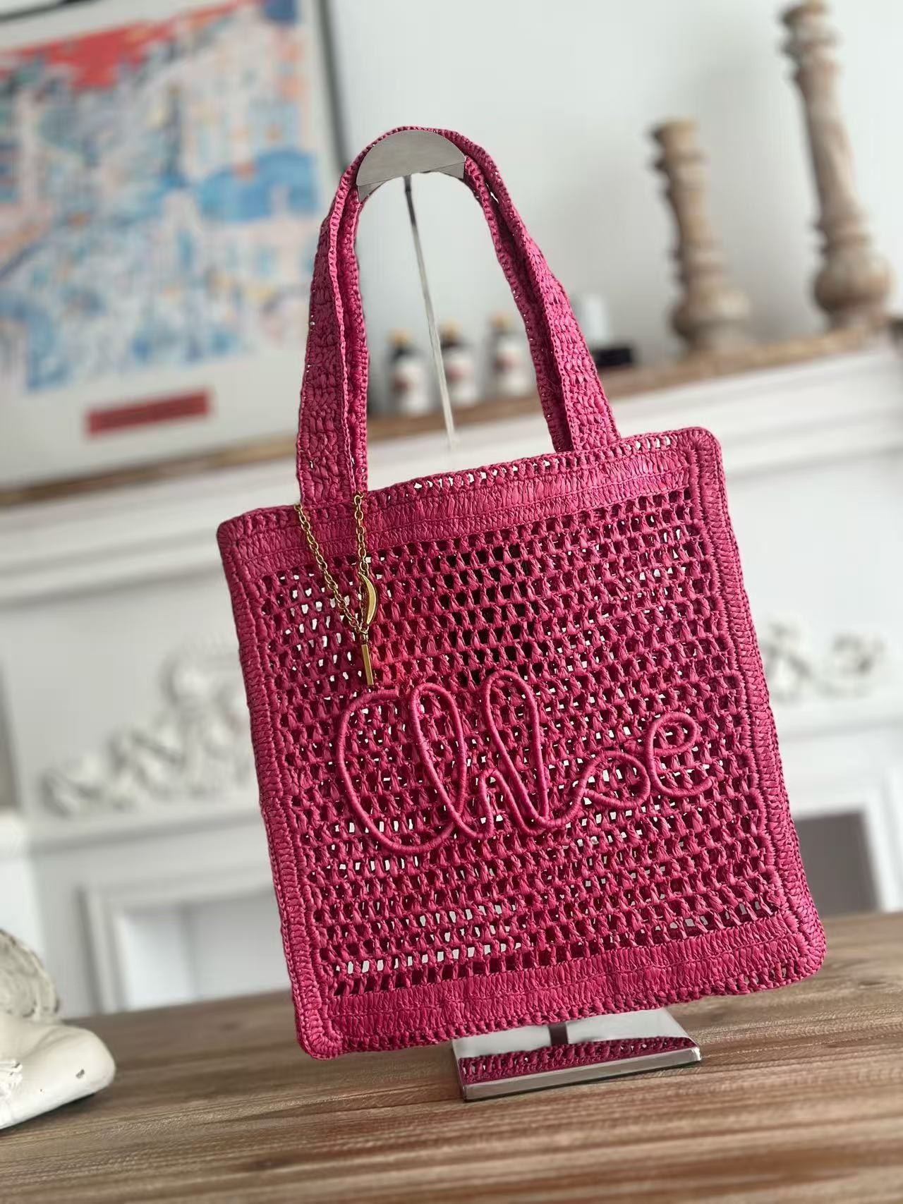 「#3653」chloe spring and summer new style SUMMER BANANA dopamine color rose red pure handmade straw woven ba