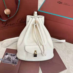 「#3595」loro piana extra white imported cowhide drawstring backpack, size: 25*27*14cm