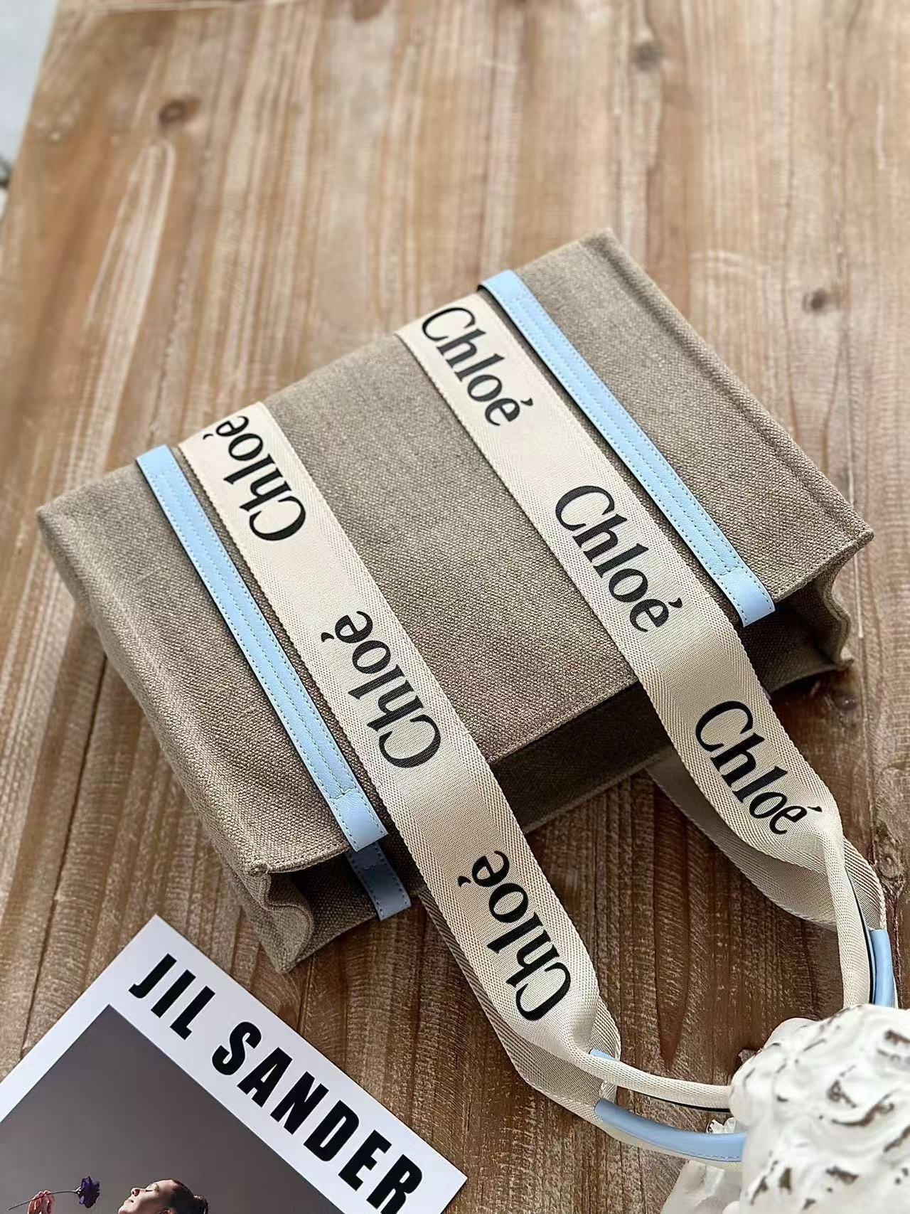 「#3669」Chloe Woody linen pure cotton canvas and glossy small dough, blue casual bag Medium size: 37*26*12cm