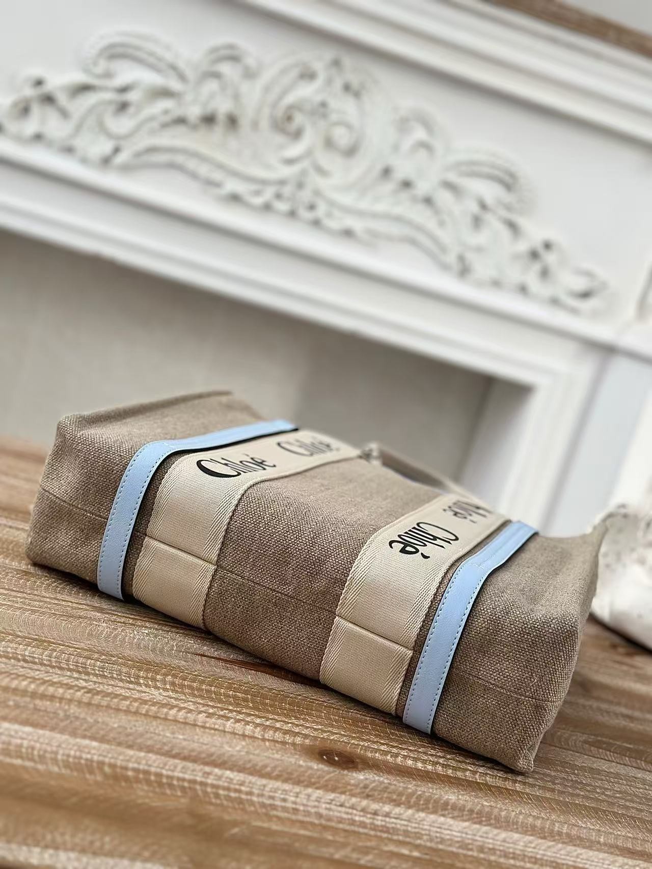 「#3669」Chloe Woody linen pure cotton canvas and glossy small dough, blue casual bag Medium size: 37*26*12cm