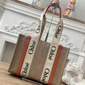 「#3665」Chloe Woody linen pure cotton canvas and glossy small dough, orange casual bag Medium size: 37*26*12
