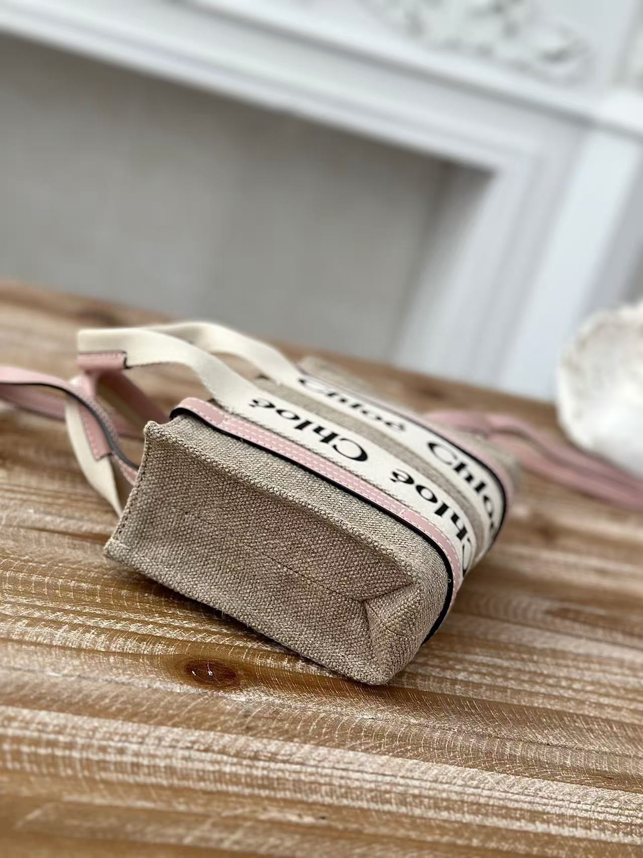 「#3659」Chloe Woody linen pure cotton canvas and glossy small dough, pink casual bag mini: 20*14*6cm