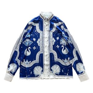 「#1980」Casablanca 23SS Blue Marble Swan Hawaiian long sleeve shirt