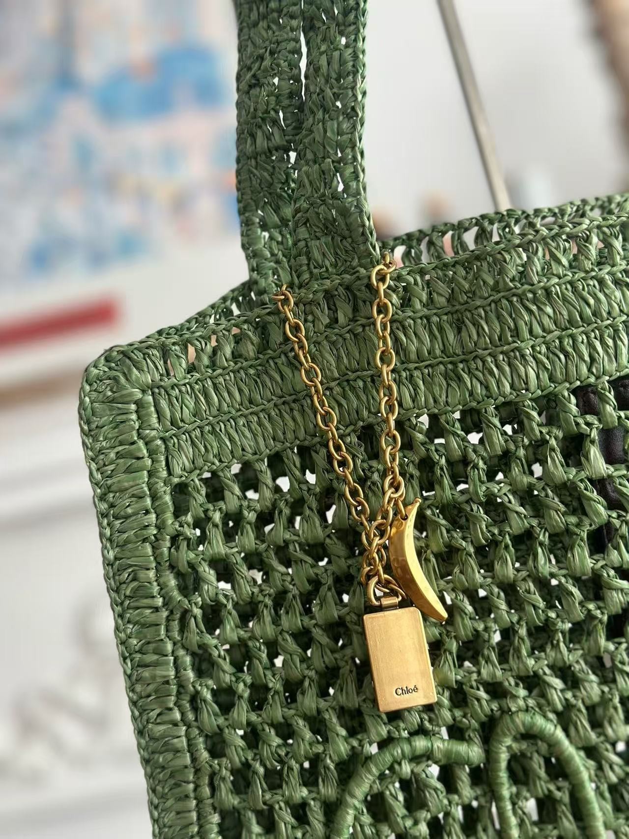 「#3654」chloe spring and summer new style SUMMER BANANA dopamine color green pure handmade straw woven bag S