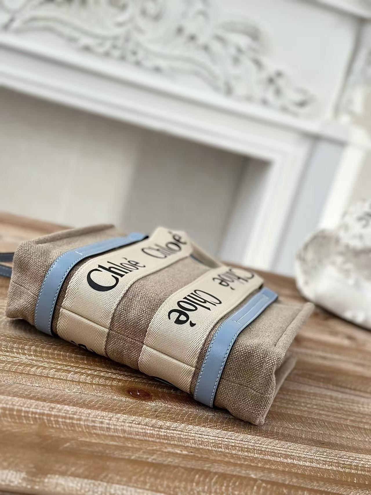 「#3668」Chloe Woody linen pure cotton canvas and glossy crust, blue casual bag Small: 26.5*20*8cm