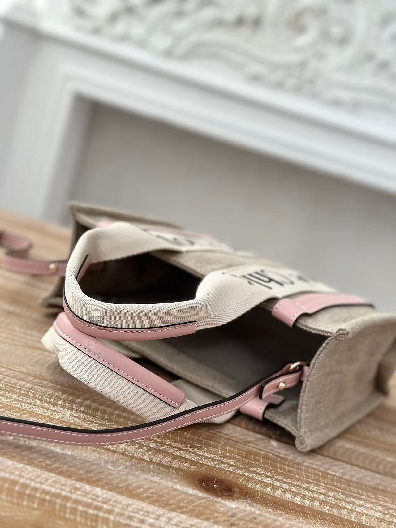 「#3660」Chloe Woody linen pure cotton canvas and glossy crust, pink casual bag Small: 26.5*20*8cm