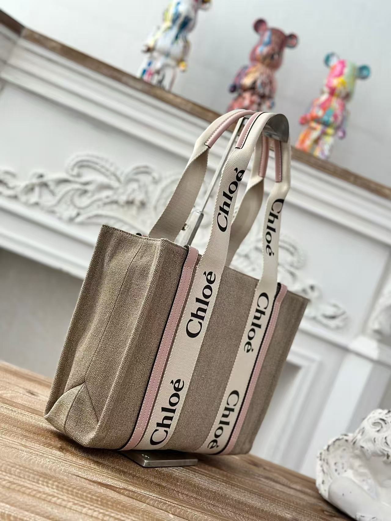 「#3661」Chloe Woody linen pure cotton canvas and glossy small dough, pink casual bag Medium size: 37*26*12cm