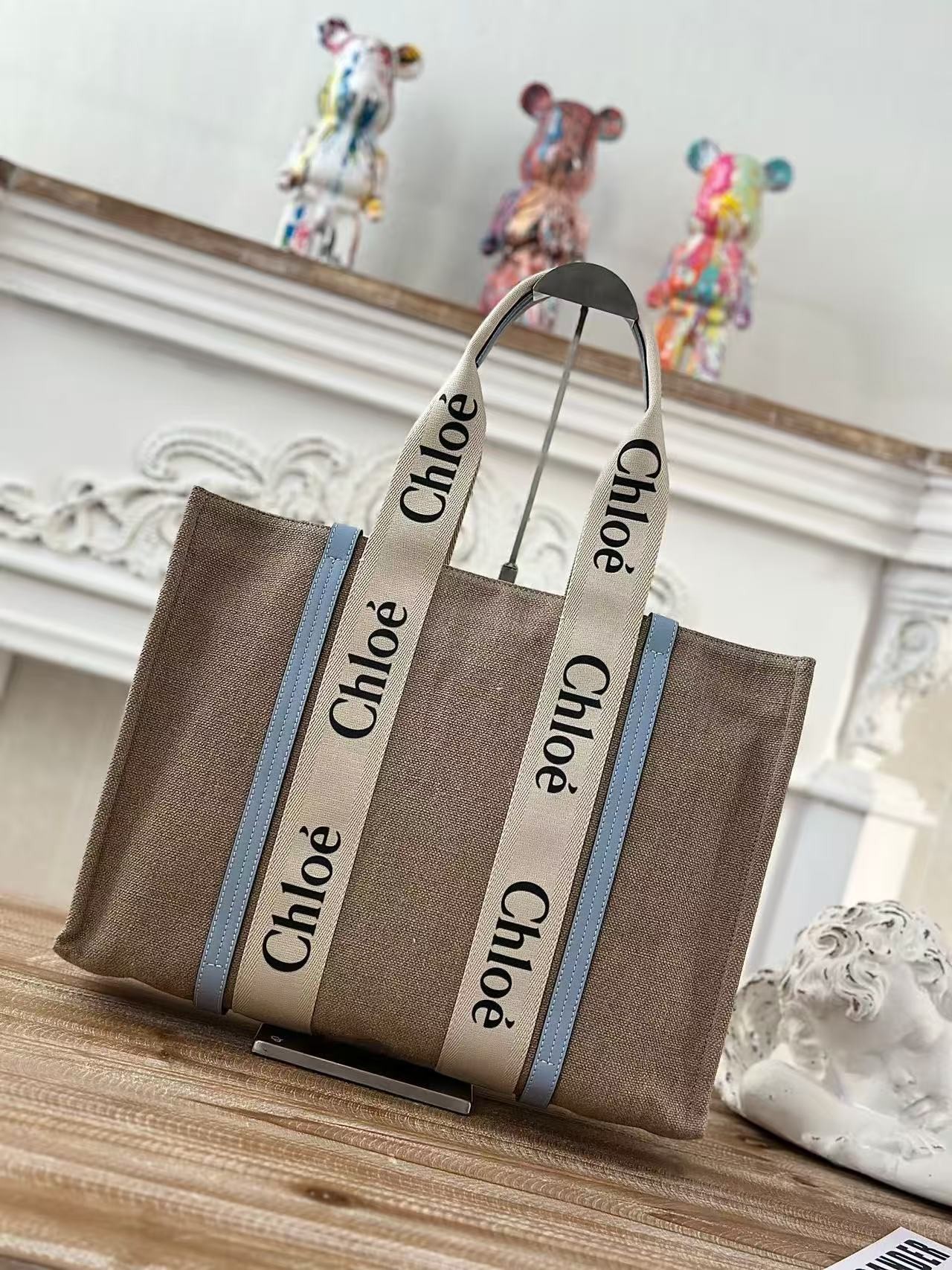 「#3670」Chloe Woody linen pure cotton canvas and glossy small dough, blue casual bag Large size: 45*33*13cm