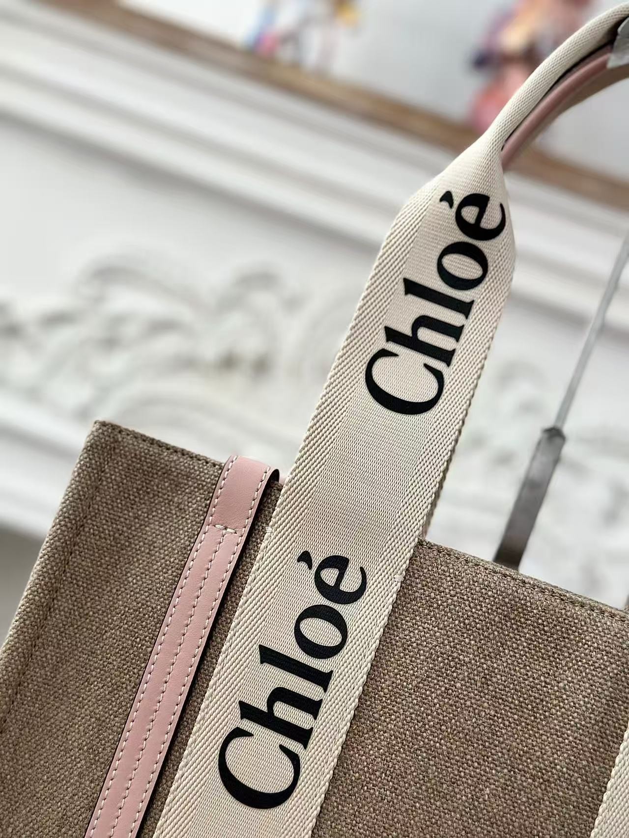 「#3661」Chloe Woody linen pure cotton canvas and glossy small dough, pink casual bag Medium size: 37*26*12cm