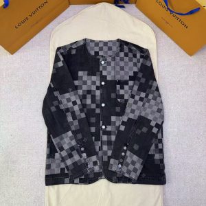 「#5276」LOUIS VUITTON Mosaic Checkered Denim Collarless Jacket