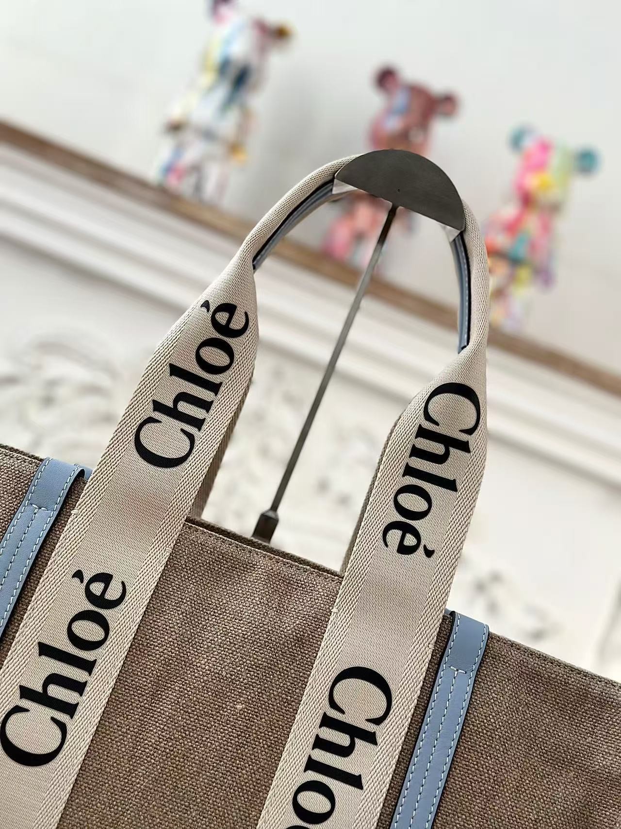 「#3670」Chloe Woody linen pure cotton canvas and glossy small dough, blue casual bag Large size: 45*33*13cm