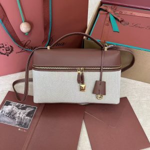 「#3589」Loro Piana new counter wine red leather with canvas handbag crossbody bag size: 27*1*10cm
