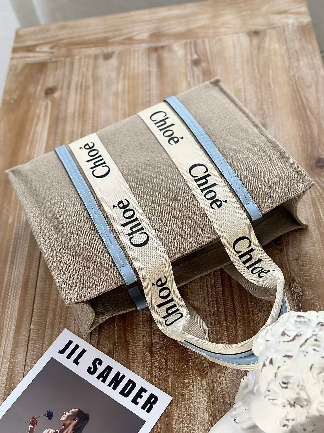 「#3670」Chloe Woody linen pure cotton canvas and glossy small dough, blue casual bag Large size: 45*33*13cm