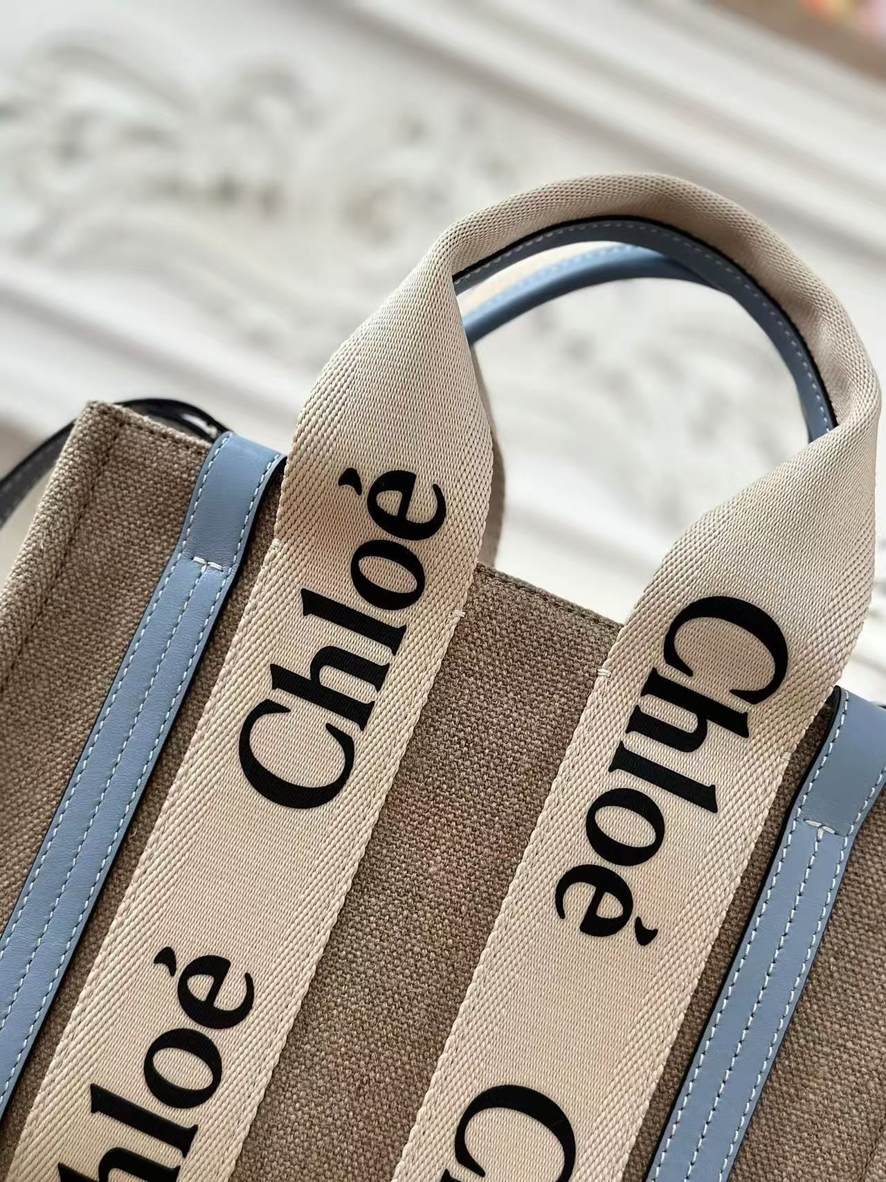「#3668」Chloe Woody linen pure cotton canvas and glossy crust, blue casual bag Small: 26.5*20*8cm