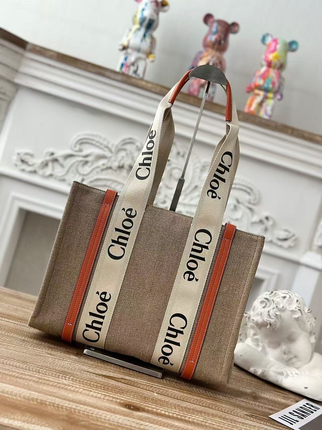 「#3664」Chloe Woody linen pure cotton canvas and glossy crust, orange casual bag Small: 26.5*20*8cm