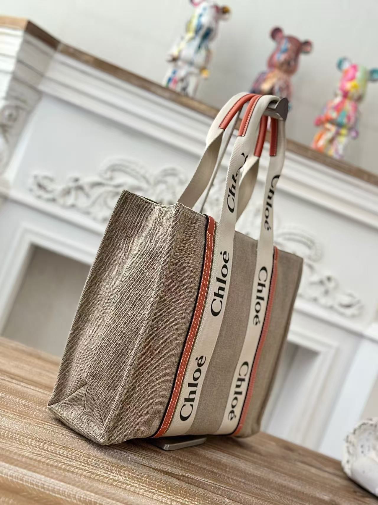 「#3666」Chloe Woody linen pure cotton canvas and glossy small dough, orange casual bag Large size: 45*33*13c