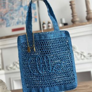 「#3657」chloe spring and summer new SUMMER BANANA dopamine color blue pure handmade straw woven bag Size: 33