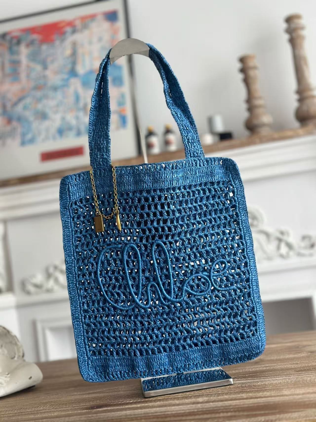 「#3657」chloe spring and summer new SUMMER BANANA dopamine color blue pure handmade straw woven bag Size: 33