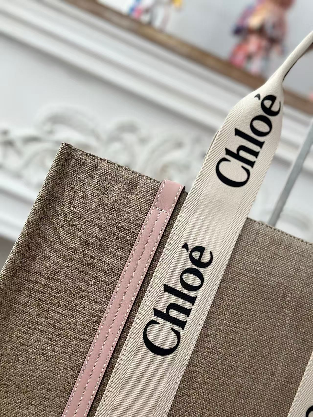 「#3662」Chloe Woody linen pure cotton canvas and glossy small dough, pink casual bag Large size: 45*33*13cm