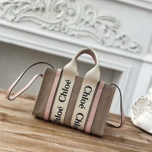 「#3659」Chloe Woody linen pure cotton canvas and glossy small dough, pink casual bag mini: 20*14*6cm