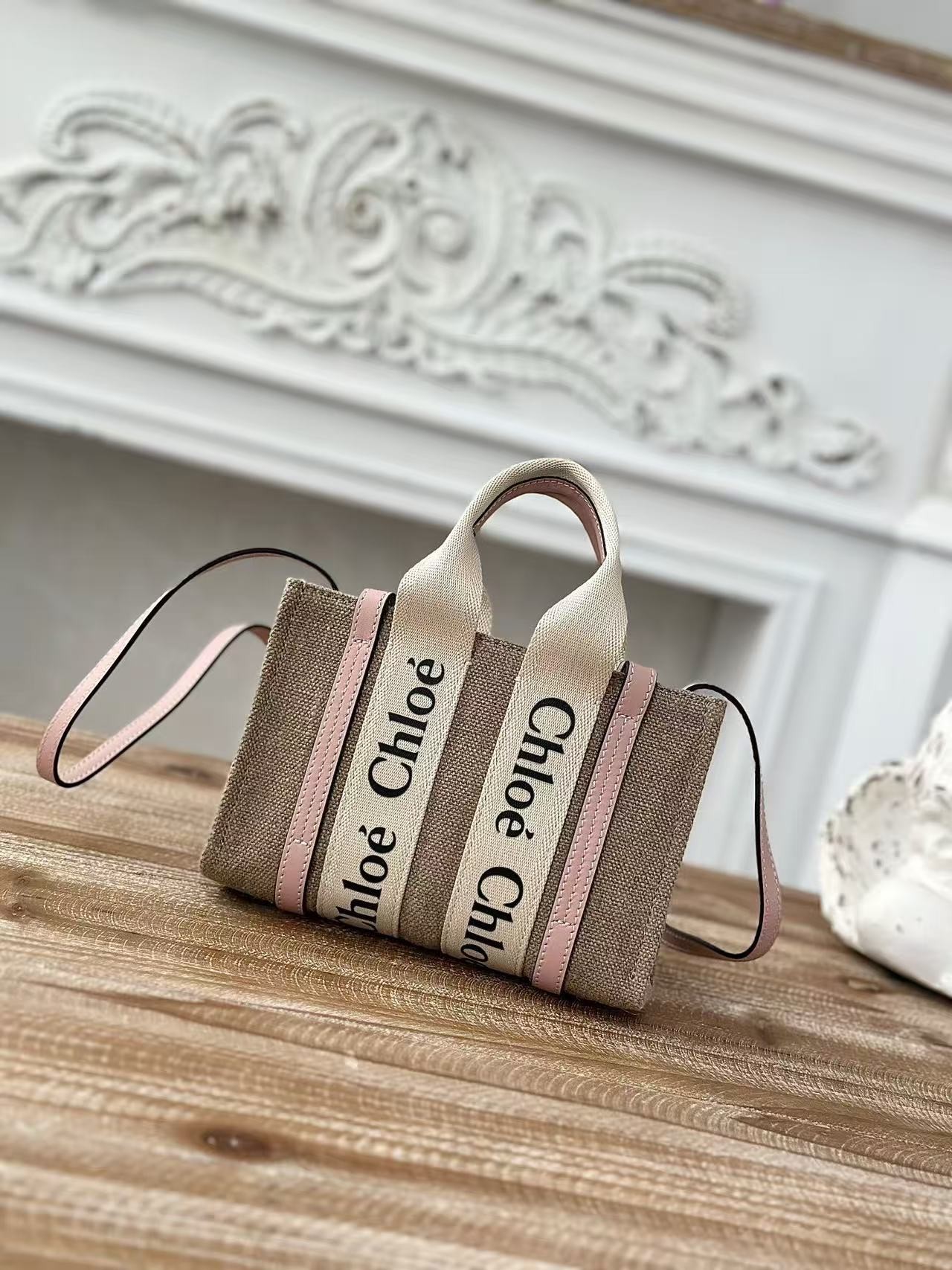 「#3659」Chloe Woody linen pure cotton canvas and glossy small dough, pink casual bag mini: 20*14*6cm