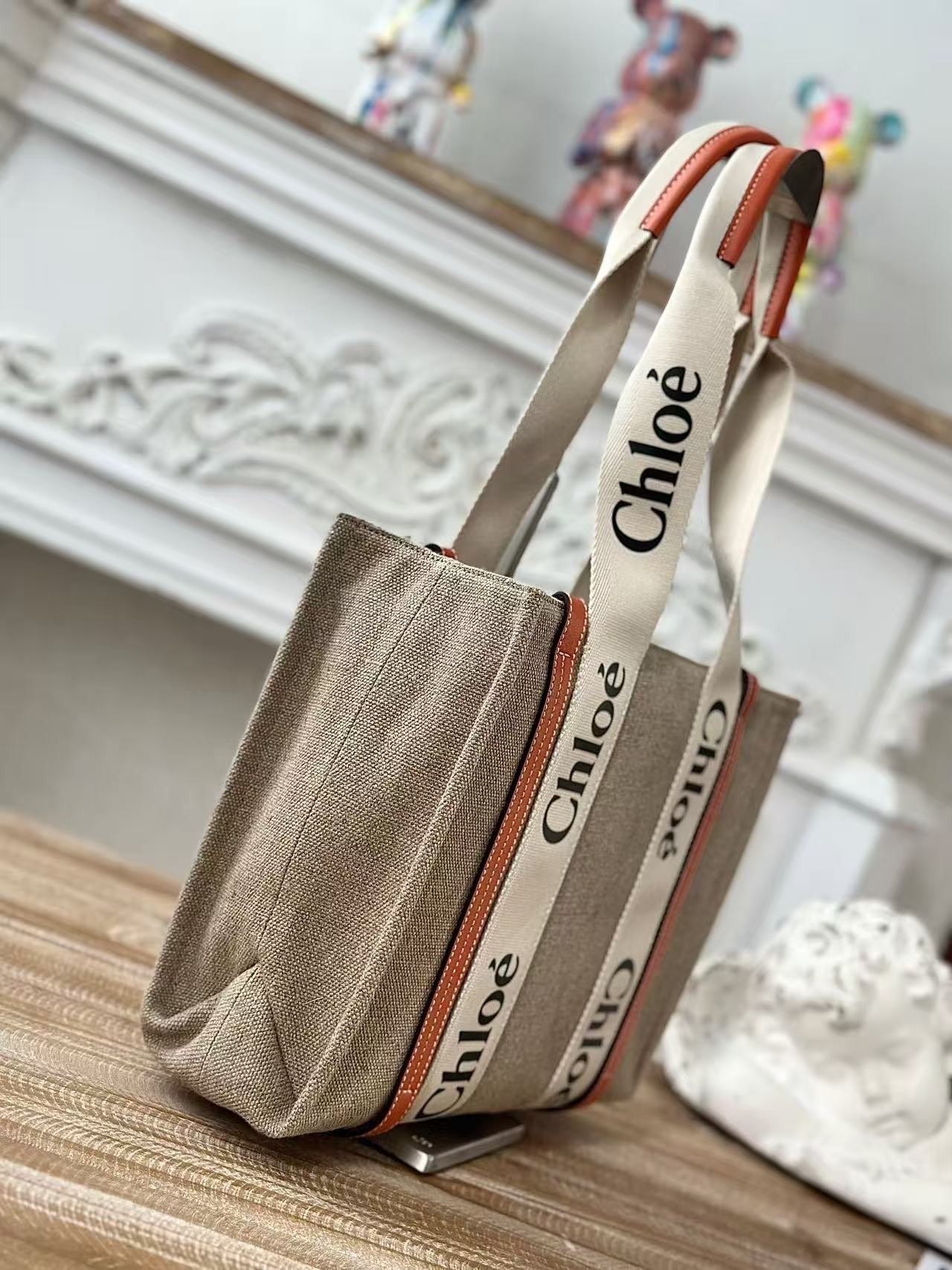 「#3665」Chloe Woody linen pure cotton canvas and glossy small dough, orange casual bag Medium size: 37*26*12