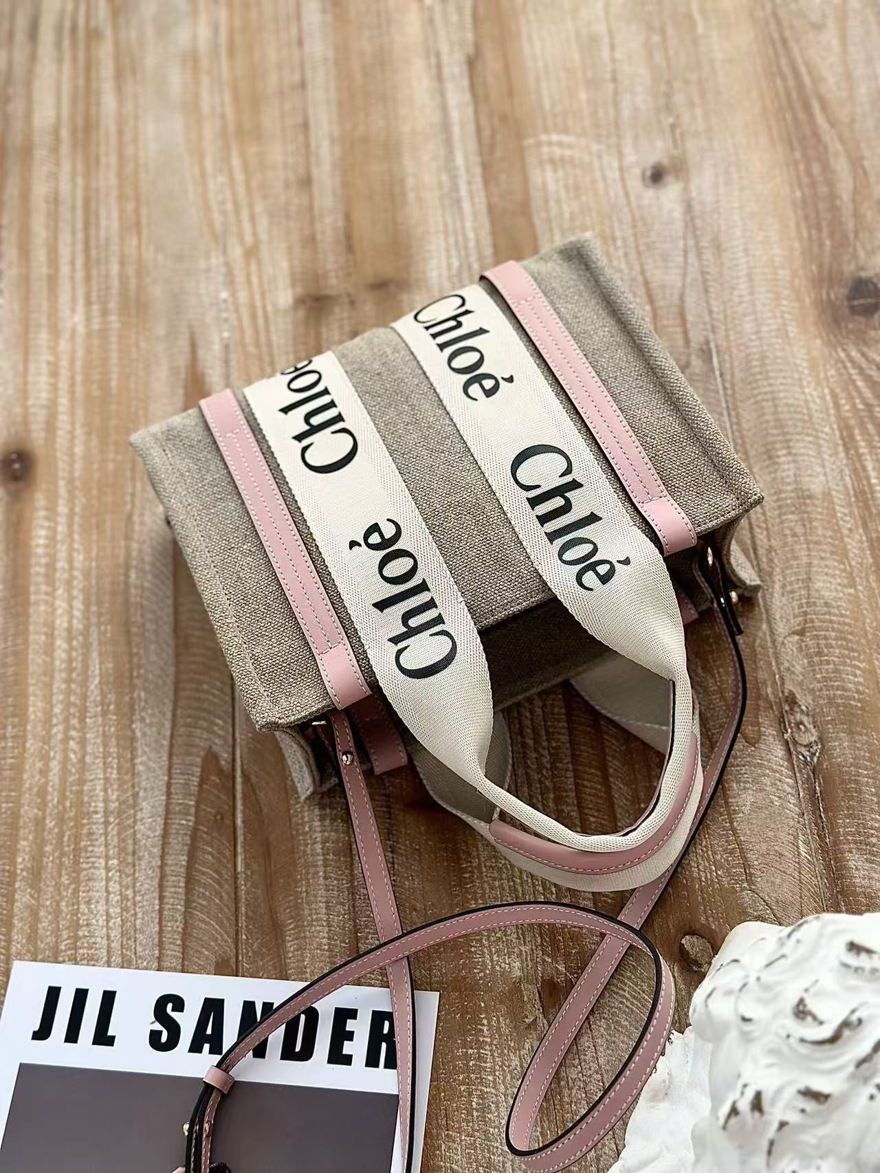 「#3660」Chloe Woody linen pure cotton canvas and glossy crust, pink casual bag Small: 26.5*20*8cm