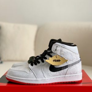 「#2」Clot × Air Jordan AJ1 Mid "Fearless" White Silk Sneakers