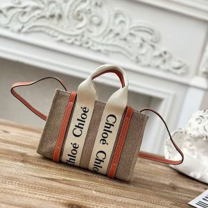 「#3663」Chloe Woody linen pure cotton canvas and glossy small dough, orange casual bag mini: 20*14*6cm