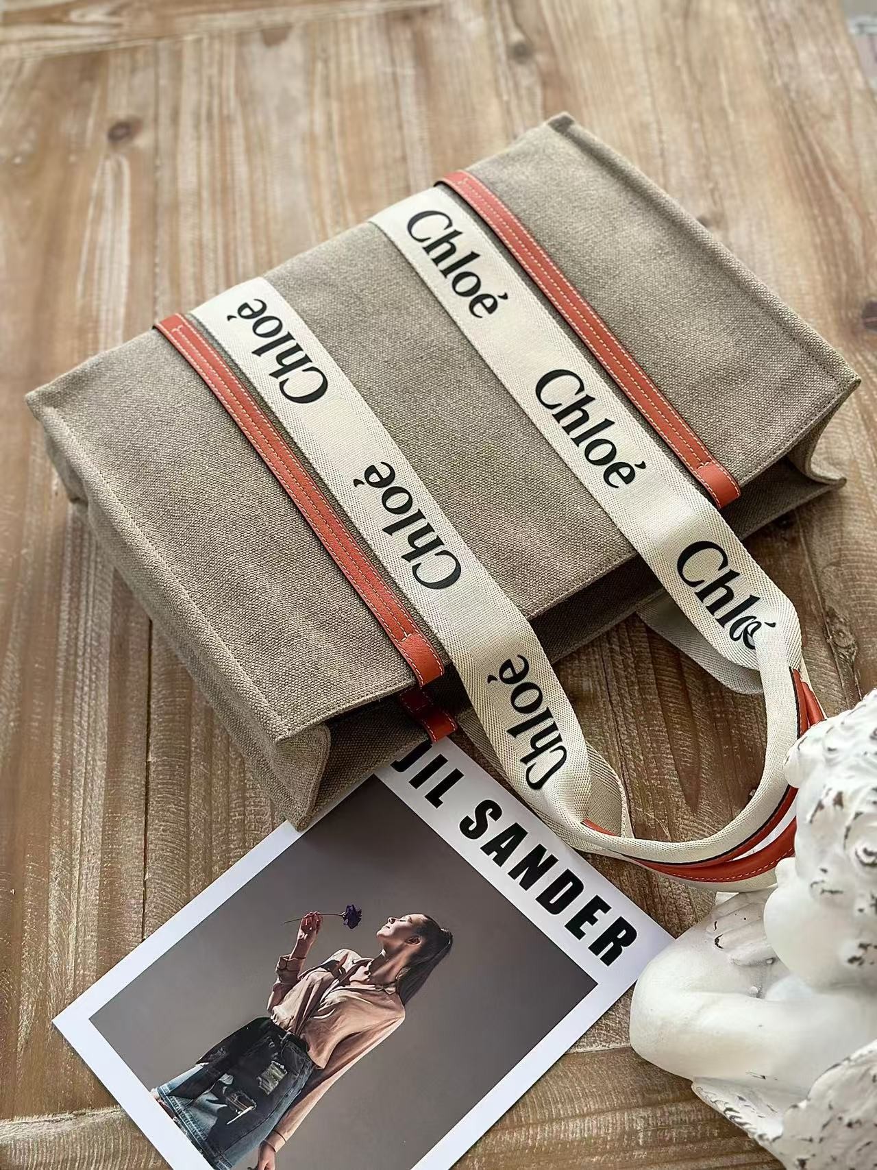 「#3666」Chloe Woody linen pure cotton canvas and glossy small dough, orange casual bag Large size: 45*33*13c