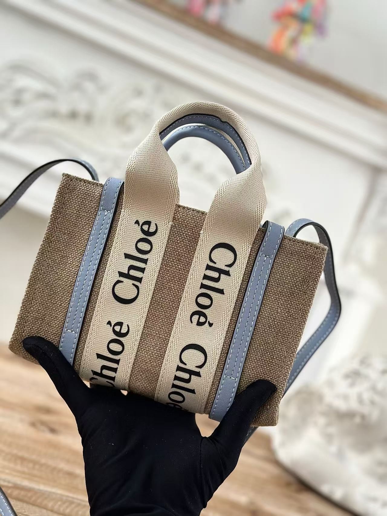 「#3667」 Chloe Woody linen pure cotton canvas and glossy small dough, blue casual bag mini: 20*14*6cm