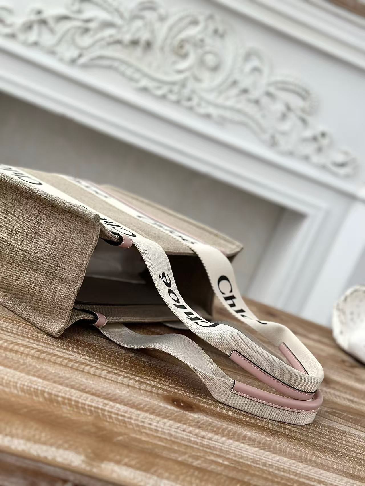 「#3661」Chloe Woody linen pure cotton canvas and glossy small dough, pink casual bag Medium size: 37*26*12cm