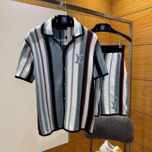 「#4265」Louis Vuitton color-block stripe embroidered knitted suit