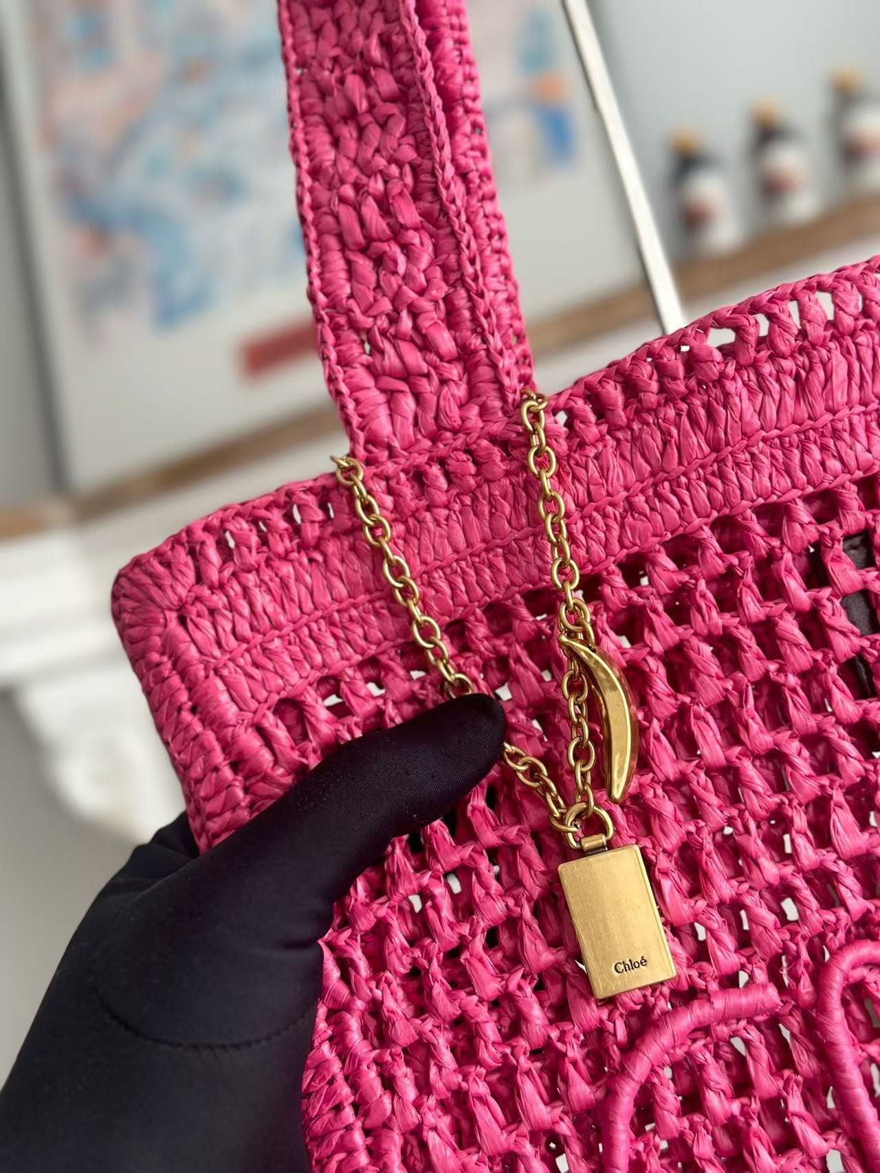 「#3653」chloe spring and summer new style SUMMER BANANA dopamine color rose red pure handmade straw woven ba