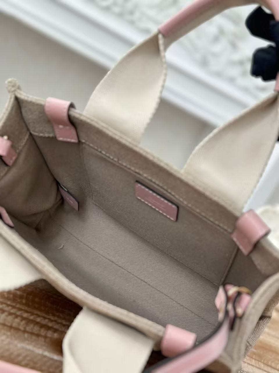 「#3660」Chloe Woody linen pure cotton canvas and glossy crust, pink casual bag Small: 26.5*20*8cm