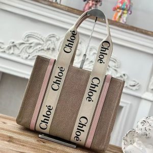 「#3661」Chloe Woody linen pure cotton canvas and glossy small dough, pink casual bag Medium size: 37*26*12cm