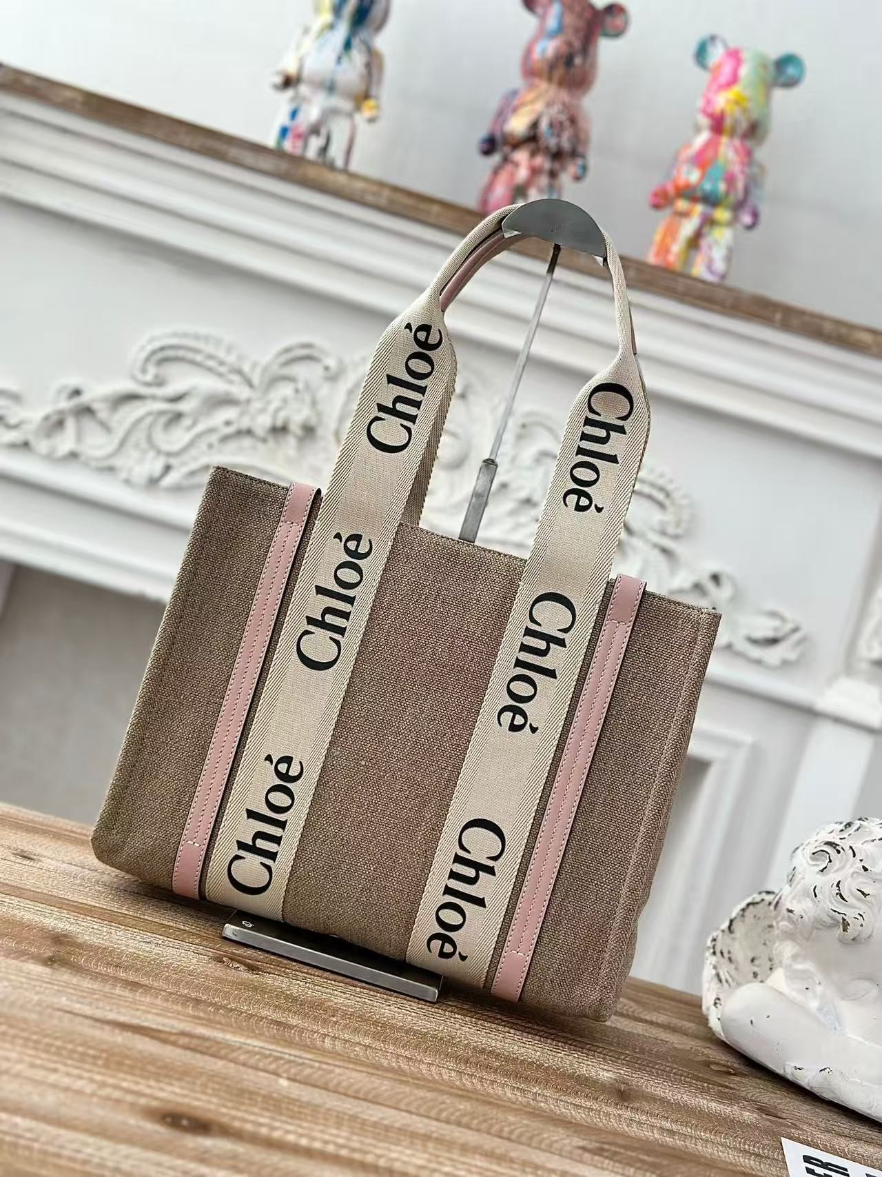 「#3661」Chloe Woody linen pure cotton canvas and glossy small dough, pink casual bag Medium size: 37*26*12cm