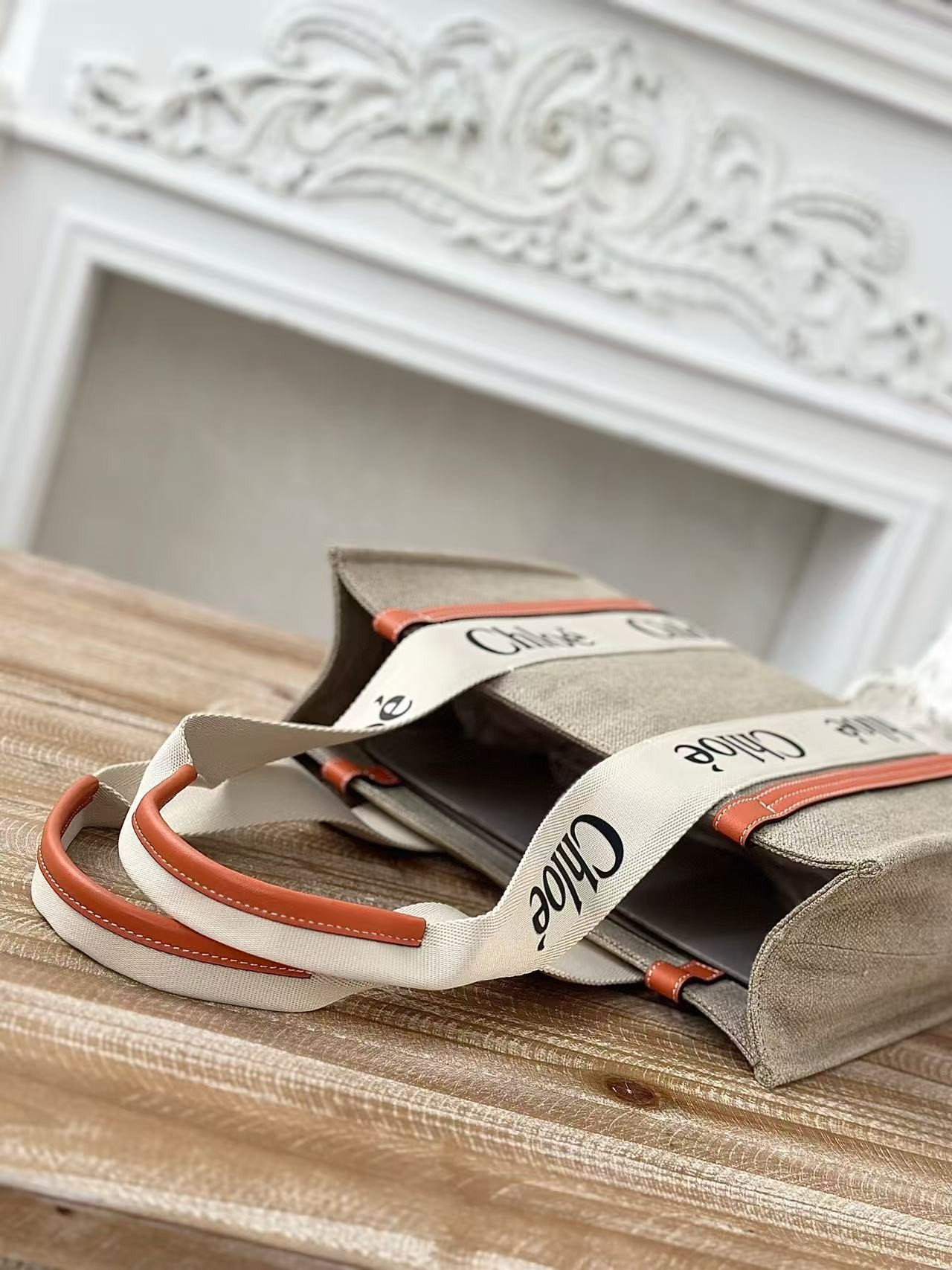 「#3664」Chloe Woody linen pure cotton canvas and glossy crust, orange casual bag Small: 26.5*20*8cm