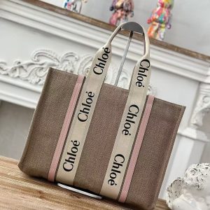 「#3662」Chloe Woody linen pure cotton canvas and glossy small dough, pink casual bag Large size: 45*33*13cm