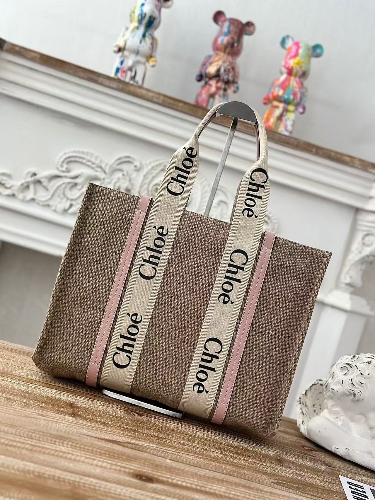 「#3662」Chloe Woody linen pure cotton canvas and glossy small dough, pink casual bag Large size: 45*33*13cm