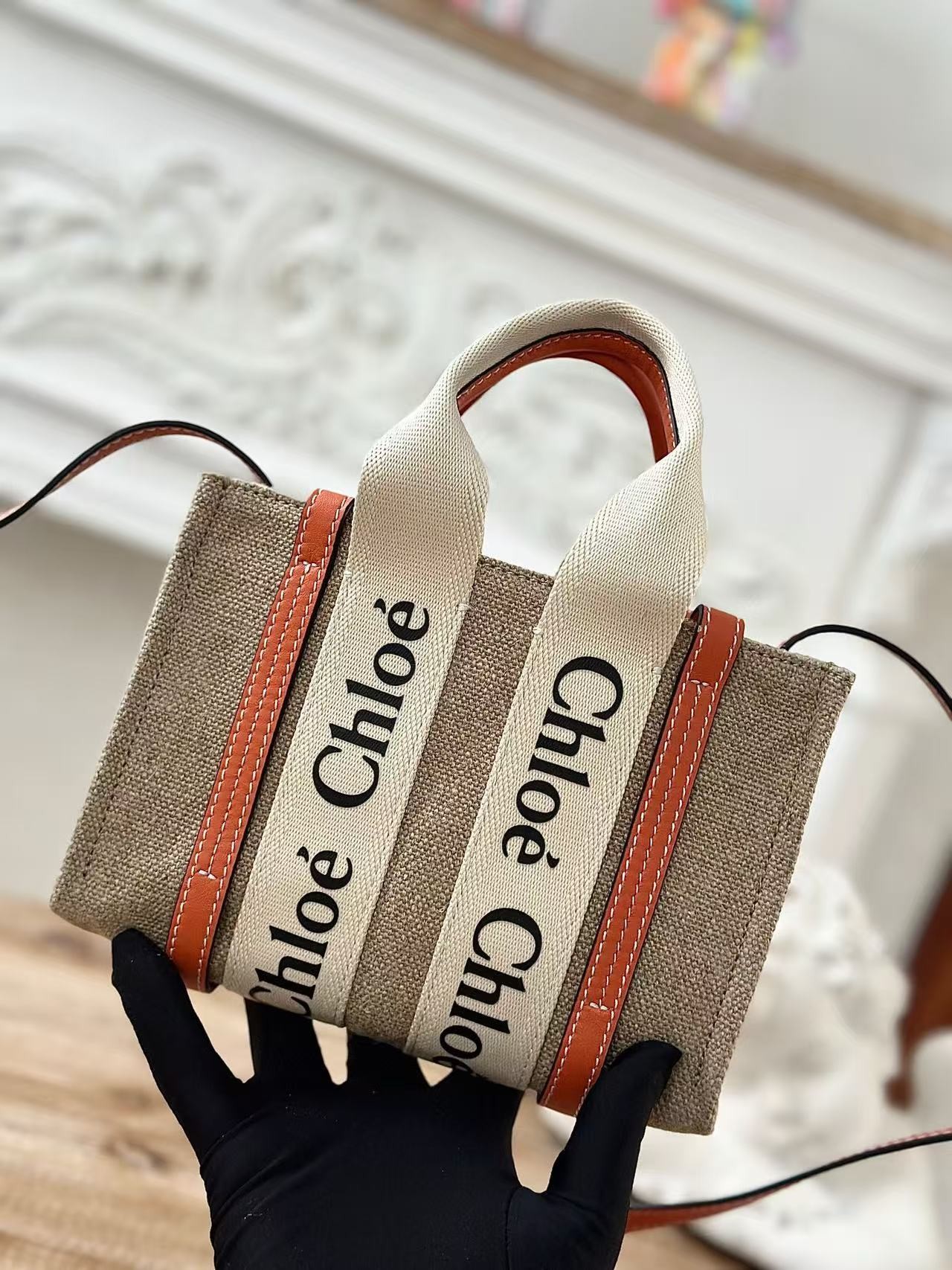 「#3663」Chloe Woody linen pure cotton canvas and glossy small dough, orange casual bag mini: 20*14*6cm