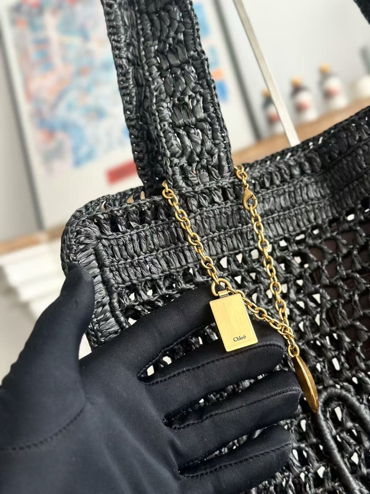 「#3658」chloe spring and summer new SUMMER BANANA dopamine color black pure handmade straw woven bag Size: 3
