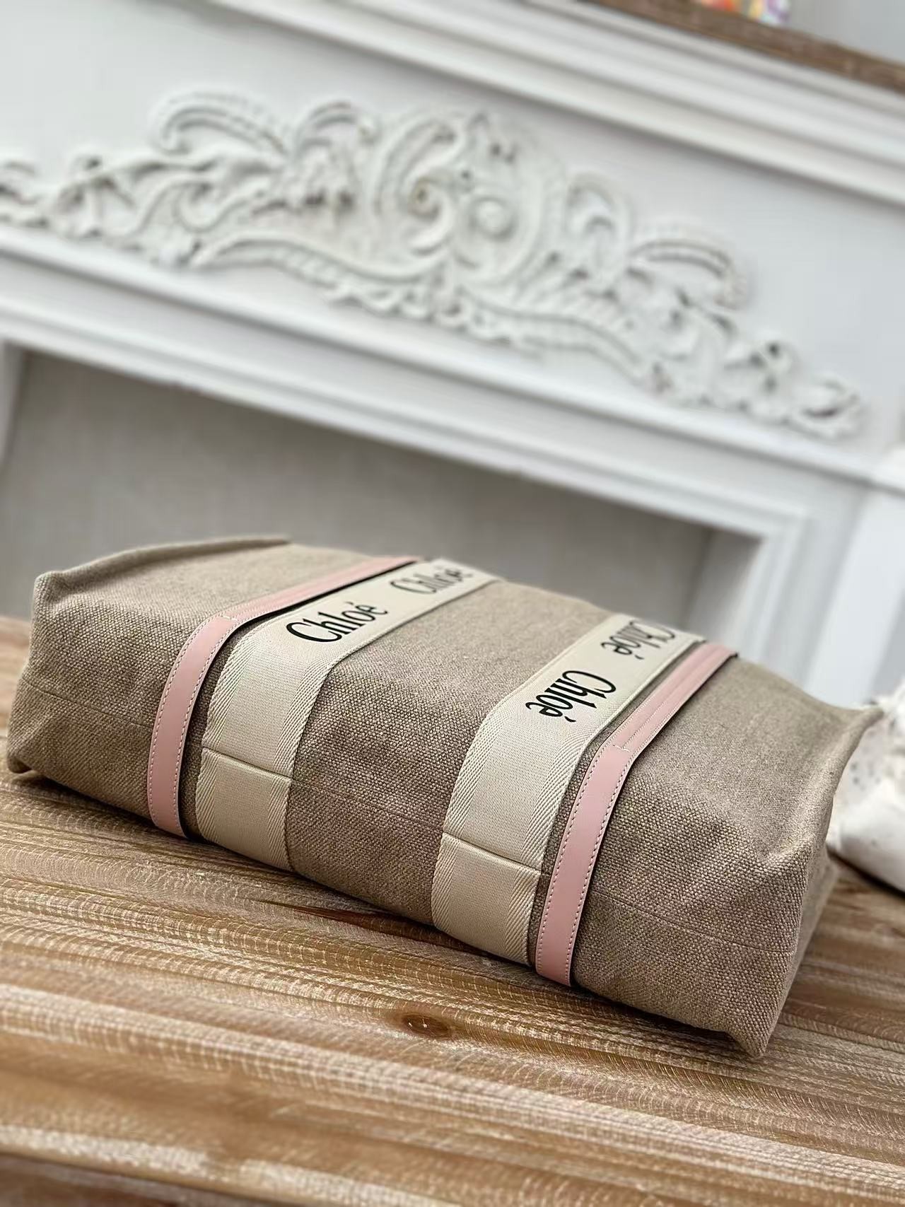 「#3662」Chloe Woody linen pure cotton canvas and glossy small dough, pink casual bag Large size: 45*33*13cm