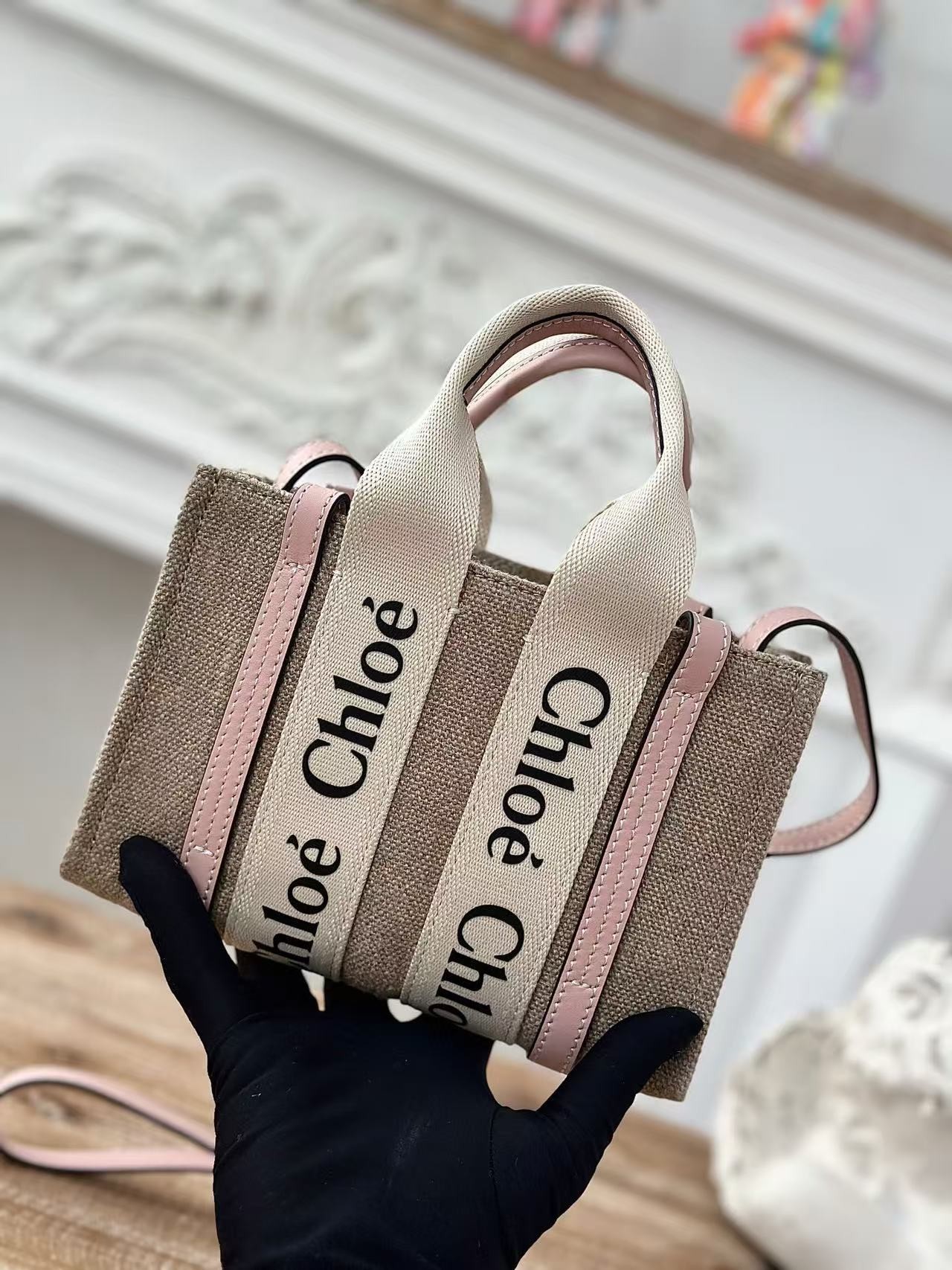 「#3659」Chloe Woody linen pure cotton canvas and glossy small dough, pink casual bag mini: 20*14*6cm