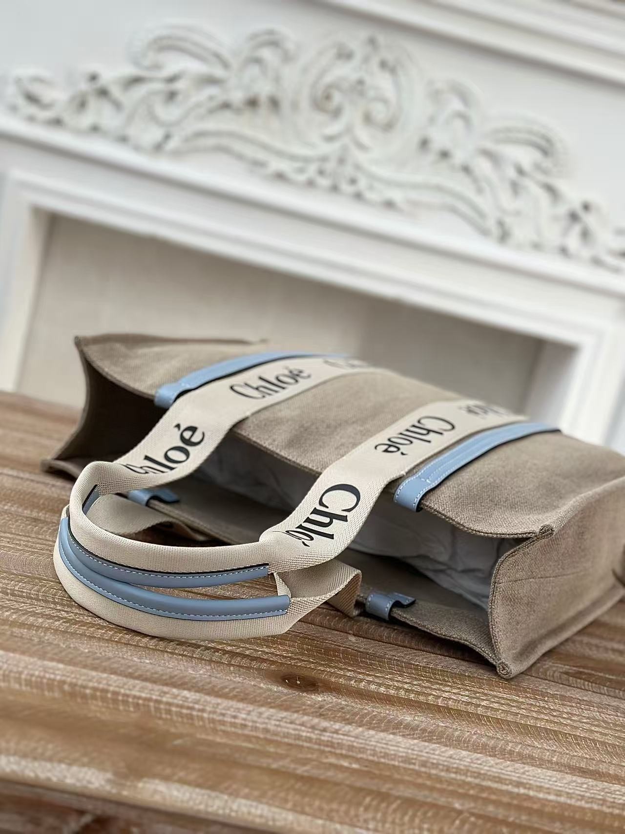「#3670」Chloe Woody linen pure cotton canvas and glossy small dough, blue casual bag Large size: 45*33*13cm