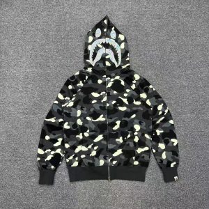 「#2665」bape luminous camouflage laser shark hooded zip-up sweatshirt