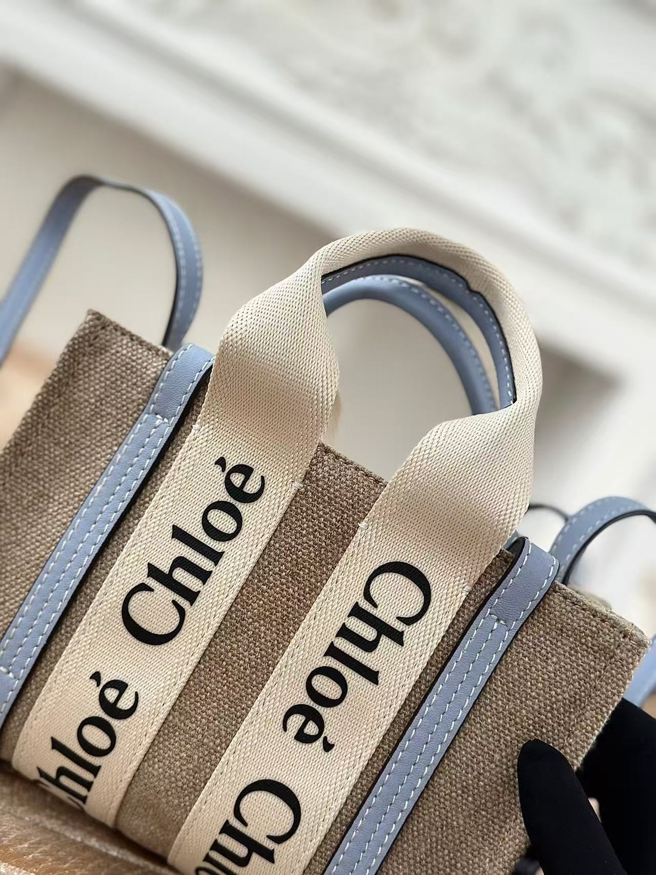 「#3667」 Chloe Woody linen pure cotton canvas and glossy small dough, blue casual bag mini: 20*14*6cm