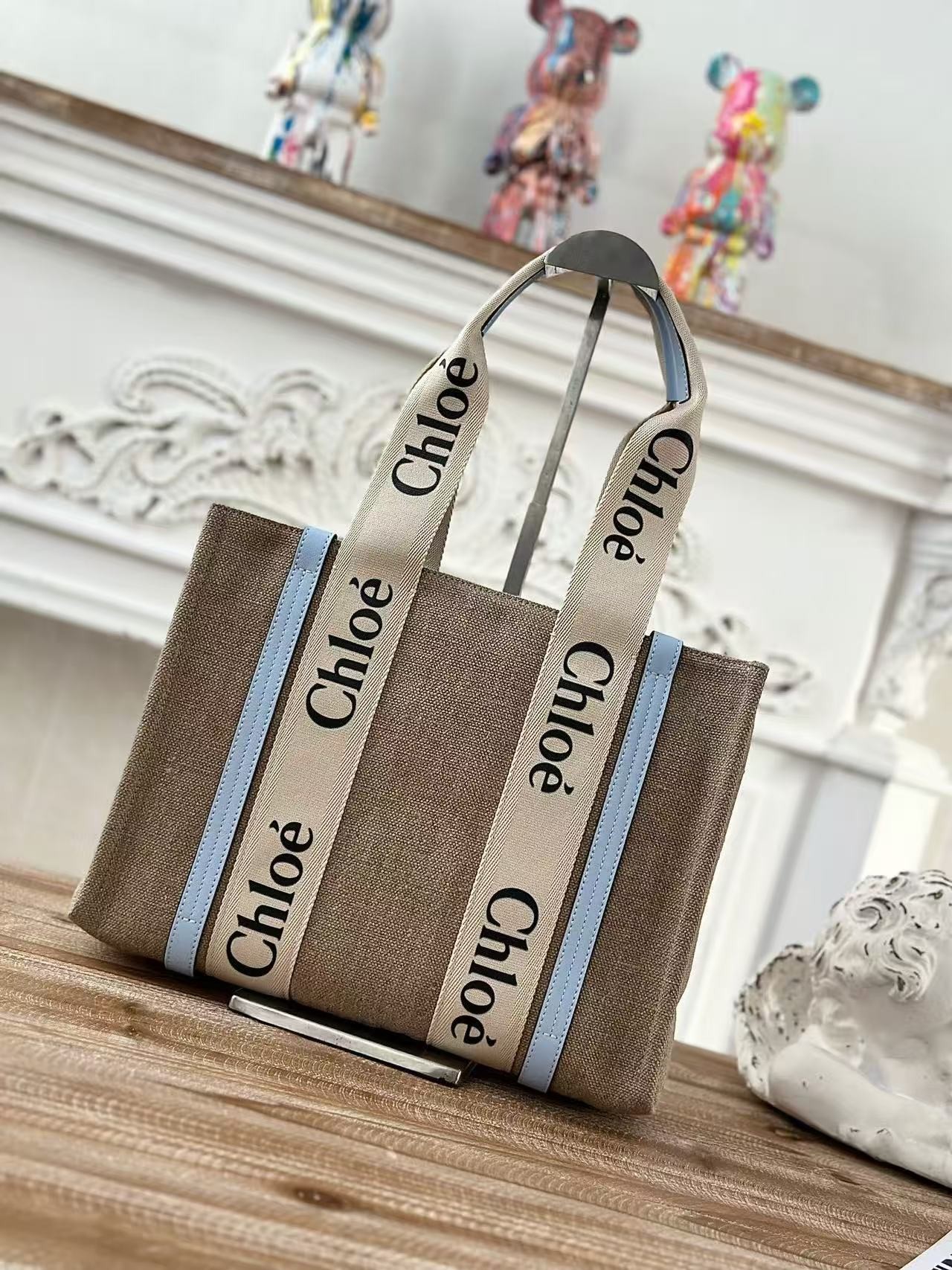 「#3669」Chloe Woody linen pure cotton canvas and glossy small dough, blue casual bag Medium size: 37*26*12cm