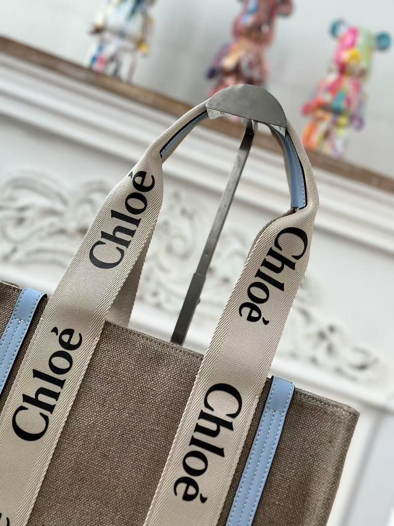 「#3669」Chloe Woody linen pure cotton canvas and glossy small dough, blue casual bag Medium size: 37*26*12cm