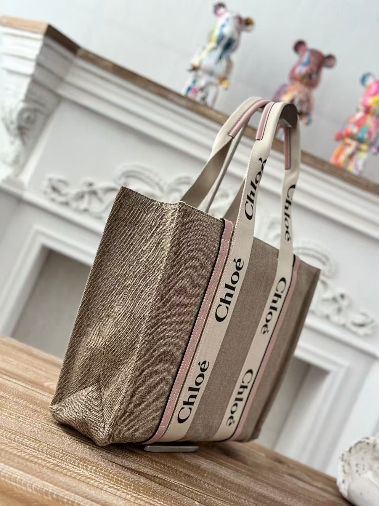 「#3662」Chloe Woody linen pure cotton canvas and glossy small dough, pink casual bag Large size: 45*33*13cm